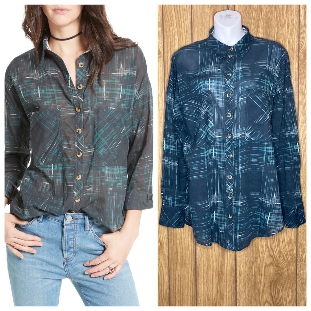 Free People | Shore Vibes Button Down Blouse Black Combo M